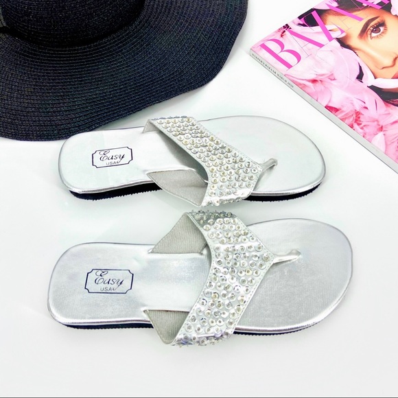 Easy USA Shoes - JUST IN Silver Sequins Wedge Flip Flop Sandals